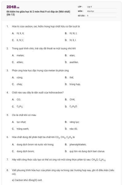 Đề kiểm tra giữa học kì 2 môn Hoá 9 có đáp án (Mới nhất) (Đề 13)