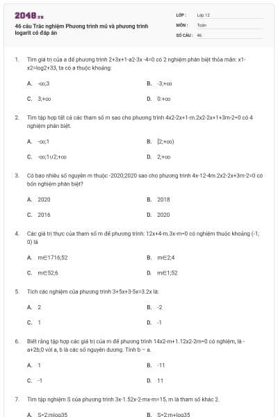 46 câu Trắc nghiệm Phương trình mũ và phương trình logarit có đáp án