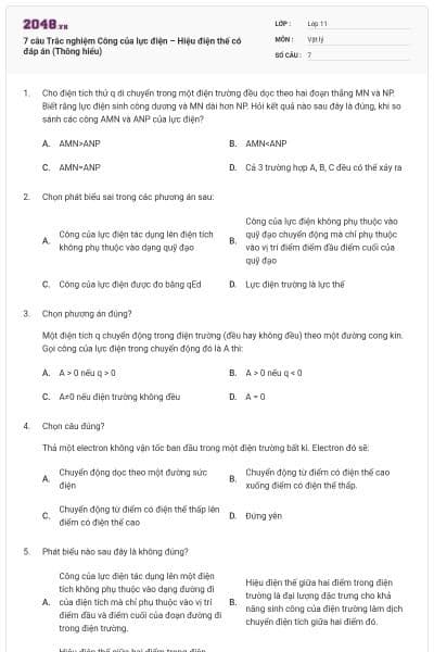 7 câu Trắc nghiệm Công của lực điện – Hiệu điện thế có đáp án (Thông hiểu)