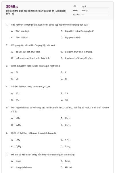 Đề kiểm tra giữa học kì 2 môn Hoá 9 có đáp án (Mới nhất) (Đề 15)