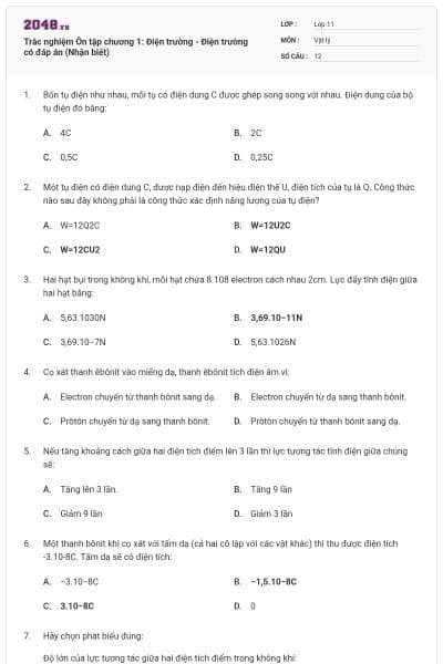 Trắc nghiệm Ôn tập chương 1: Điện trường - Điện trường có đáp án (Nhận biết)