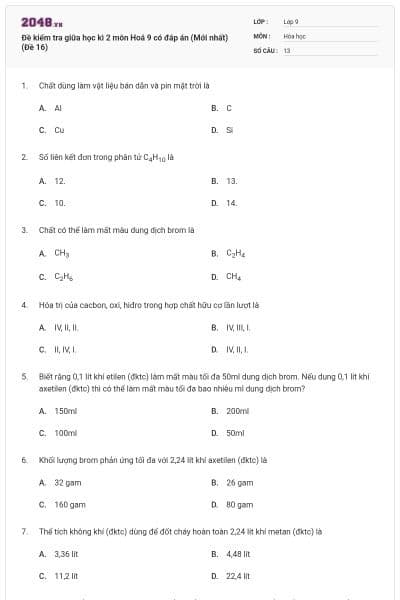 Đề kiểm tra giữa học kì 2 môn Hoá 9 có đáp án (Mới nhất) (Đề 16)