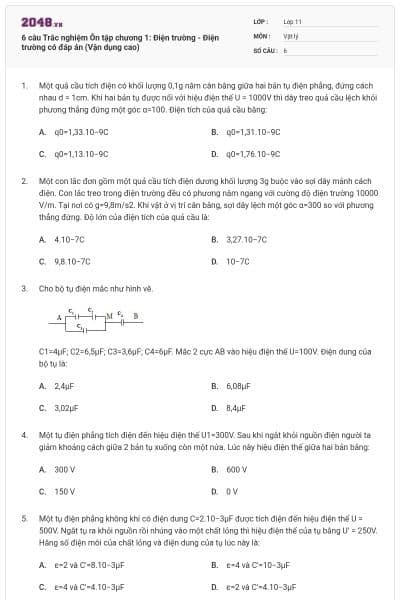 6 câu Trắc nghiệm Ôn tập chương 1: Điện trường - Điện trường có đáp án (Vận dụng cao)