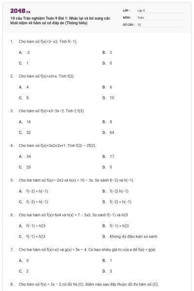10 câu Trắc nghiệm Toán 9 Bài 1: Nhắc lại và bổ sung các khái niệm về hàm số có đáp án (Thông hiểu)