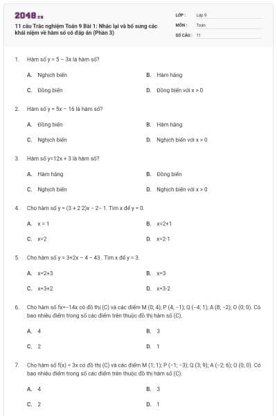 11 câu Trắc nghiệm Toán 9 Bài 1: Nhắc lại và bổ sung các khái niệm về hàm số có đáp án (Phần 3)