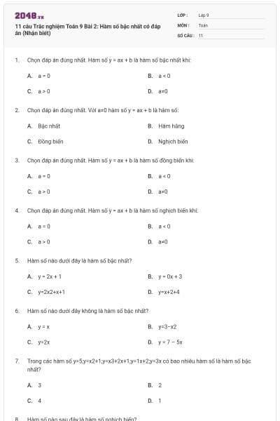 11 câu Trắc nghiệm Toán 9 Bài 2: Hàm số bậc nhất có đáp án (Nhận biết)