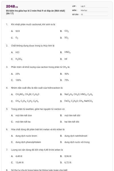 Đề kiểm tra giữa học kì 2 môn Hoá 9 có đáp án (Mới nhất) (Đề 17)