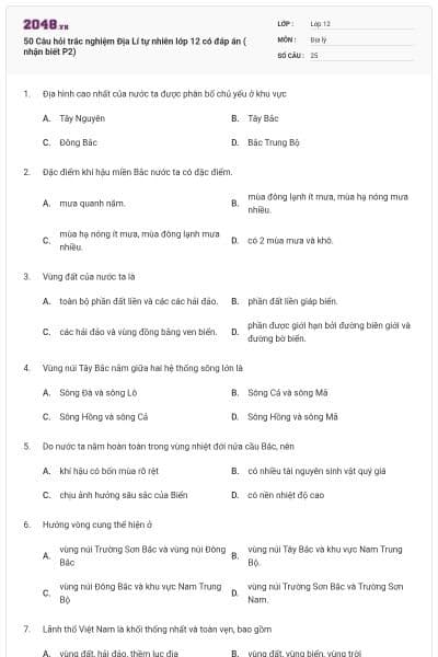 50 Câu hỏi trắc nghiệm Địa Lí tự nhiên lớp 12 có đáp án ( nhận biết P2)