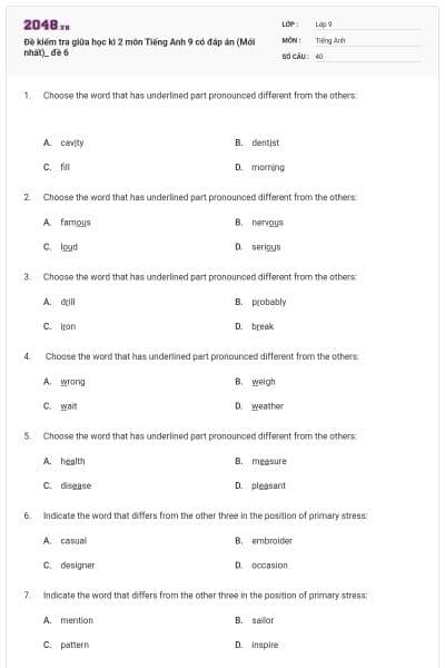 Đề kiểm tra giữa học kì 2 môn Tiếng Anh 9 có đáp án (Mới nhất)_ đề 6