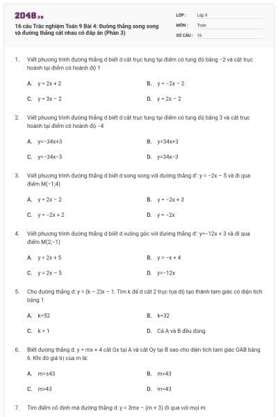 16 câu Trắc nghiệm Toán 9 Bài 4: Đường thẳng song song và đường thẳng cắt nhau có đáp án (Phần 3)