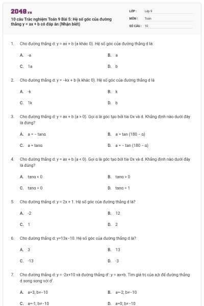 10 câu Trắc nghiệm Toán 9 Bài 5: Hệ số góc của đường thẳng y = ax + b có đáp án (Nhận biết)