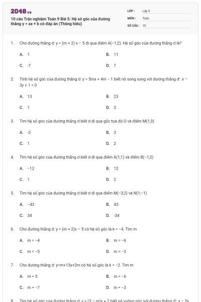 10 câu Trắc nghiệm Toán 9 Bài 5: Hệ số góc của đường thẳng y = ax + b có đáp án (Thông hiểu)