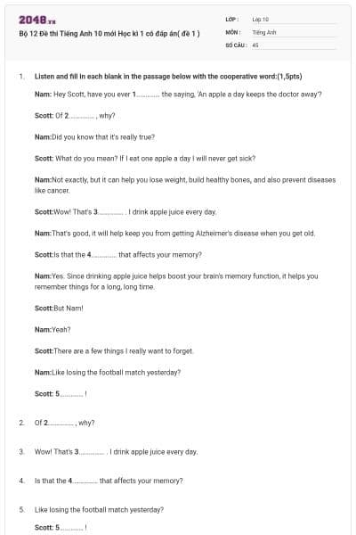 Bộ  12 Đề thi Tiếng Anh 10 mới Học kì 1 có đáp án( đề 1 )