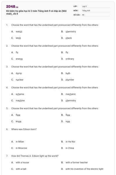 Đề kiểm tra giữa học kì 2 môn Tiếng Anh 9 có đáp án (Mới nhất)_ đề 8