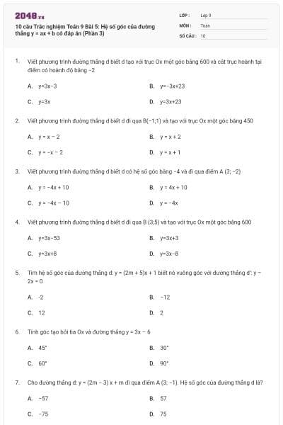 10 câu Trắc nghiệm Toán 9 Bài 5: Hệ số góc của đường thẳng y = ax + b có đáp án (Phần 3)