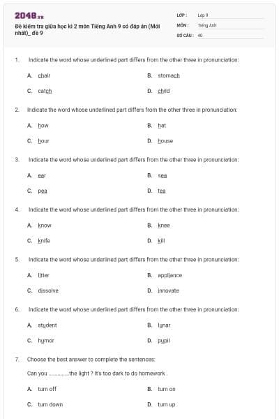 Đề kiểm tra giữa học kì 2 môn Tiếng Anh 9 có đáp án (Mới nhất)_ đề 9