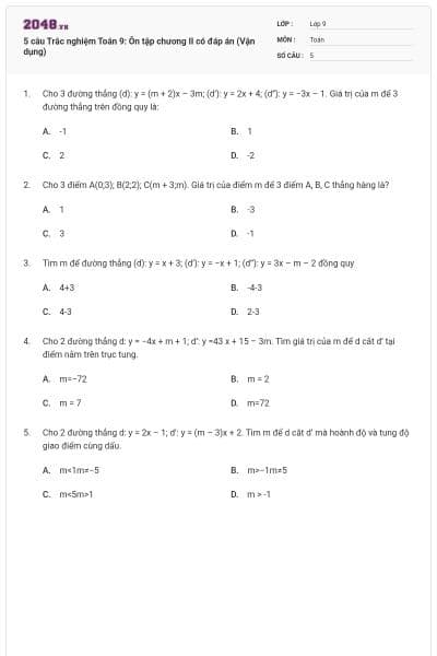 5 câu Trắc nghiệm Toán 9: Ôn tập chương II có đáp án (Vận dụng)