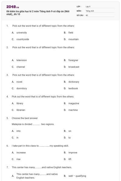 Đề kiểm tra giữa học kì 2 môn Tiếng Anh 9 có đáp án (Mới nhất)_ đề 10