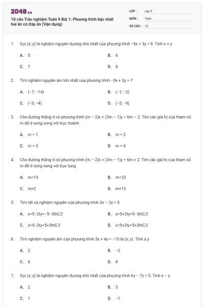 10 câu Trắc nghiệm Toán 9 Bài 1: Phương trình bậc nhất hai ẩn có đáp án (Vận dụng)