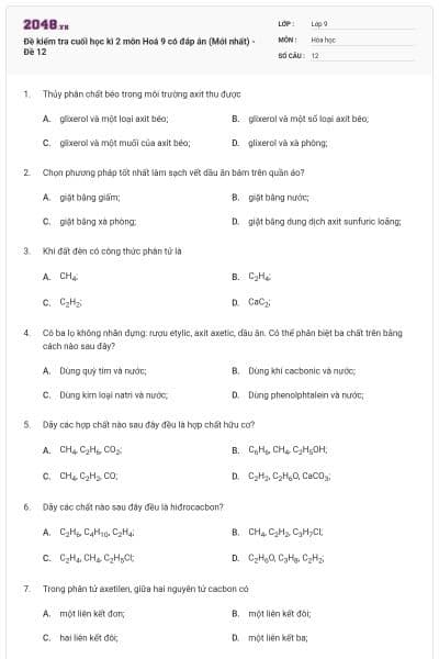Đề kiểm tra cuối học kì 2 môn Hoá 9 có đáp án (Mới nhất) - Đề 12
