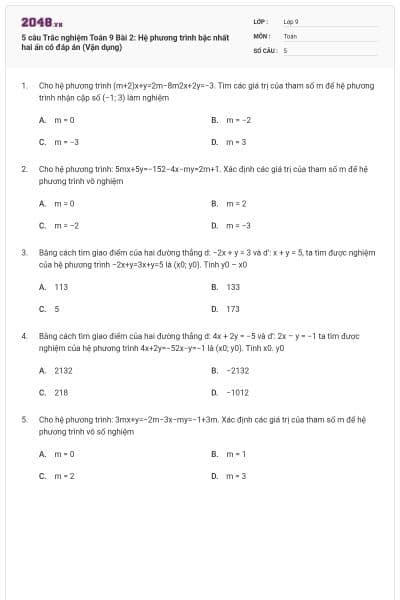 5 câu Trắc nghiệm Toán 9 Bài 2: Hệ phương trình bậc nhất hai ẩn có đáp án (Vận dụng)