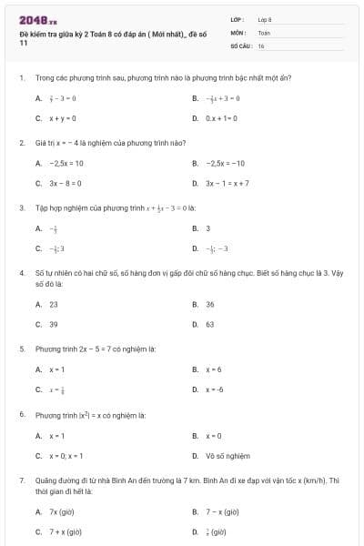 Đề kiểm tra giữa kỳ 2 Toán 8 có đáp án ( Mới nhất)_ đề số 11