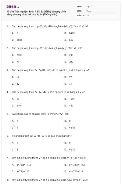 10 câu Trắc nghiệm Toán 9 Bài 3: Giải hệ phương trình bằng phương pháp thế có đáp án (Thông hiểu)