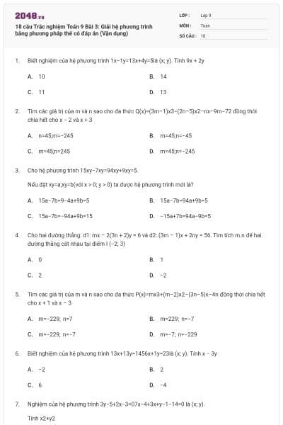 18 câu Trắc nghiệm Toán 9 Bài 3: Giải hệ phương trình bằng phương pháp thế có đáp án (Vận dụng)