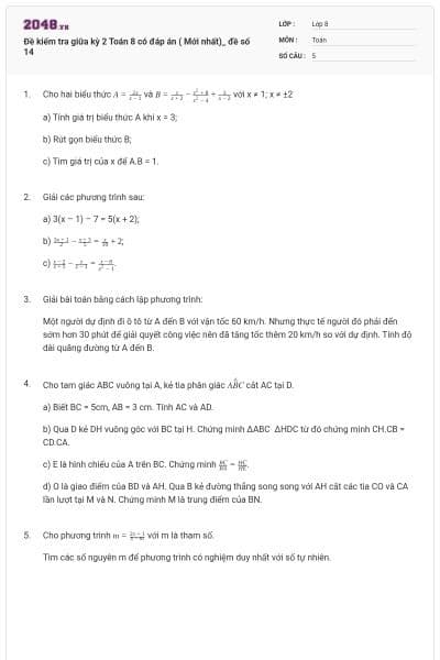 Đề kiểm tra giữa kỳ 2 Toán 8 có đáp án ( Mới nhất)_ đề số 14
