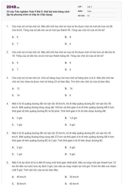 33 câu Trắc nghiệm Toán 9 Bài 5: Giải bài toán bằng cách lập hệ phương trình có đáp án (Vận dụng)