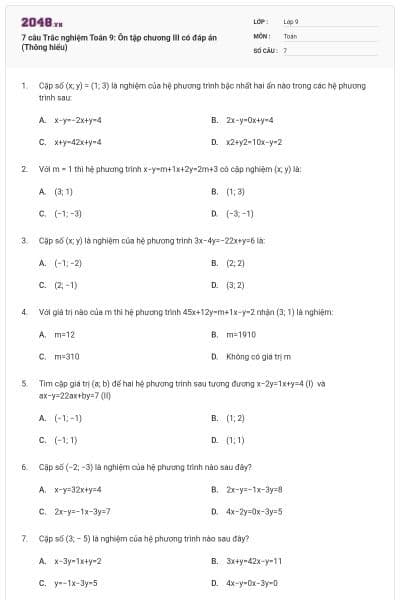 7 câu Trắc nghiệm Toán 9: Ôn tập chương III có đáp án (Thông hiểu)
