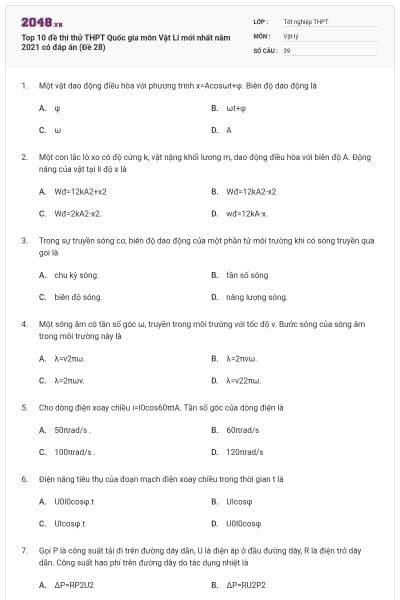 Top 10 đề thi thử THPT Quốc gia môn Vật Lí mới nhất năm 2021 có đáp án (Đề 28)