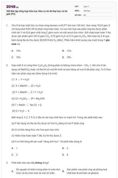 300 Bài tập tổng hợp Hóa học Hữu cơ ôn thi Đại học có lời giải (P4)