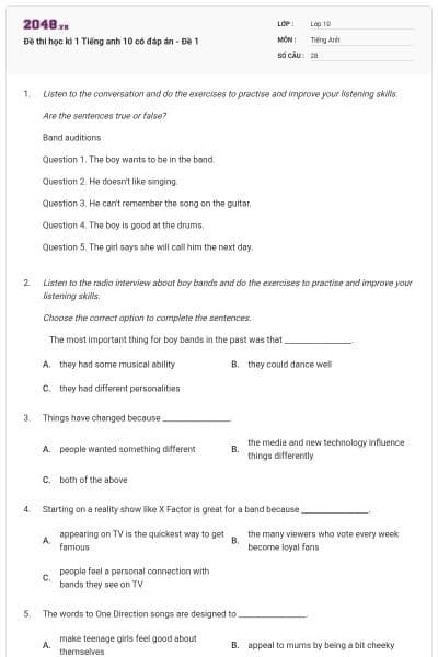 Đề thi học kì 1 Tiếng anh 10 có đáp án - Đề 1
