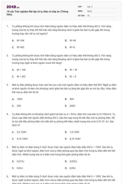 18 câu Trắc nghiệm Bài tập về tụ điện có đáp án (Thông hiểu)