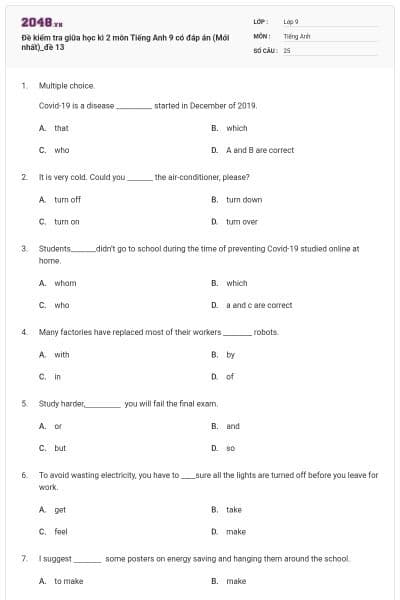 Đề kiểm tra giữa học kì 2 môn Tiếng Anh 9 có đáp án (Mới nhất)_đề 13