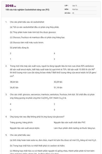 100 câu trắc nghiệm Cacbohiđrat nâng cao (P2)