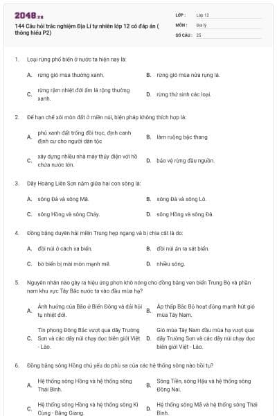 144  Câu hỏi trắc nghiệm Địa Lí tự nhiên lớp 12 có đáp án ( thông hiểu P2)