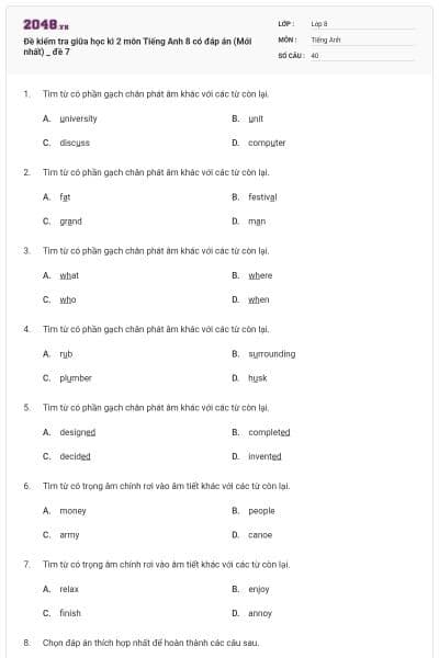 Đề kiểm tra giữa học kì 2 môn Tiếng Anh 8 có đáp án (Mới nhất) _ đề 7