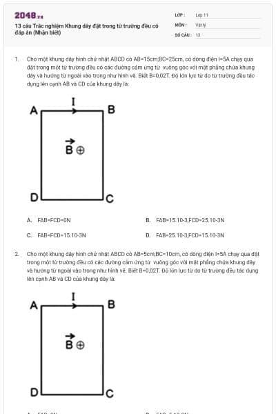 13 câu Trắc nghiệm Khung dây đặt trong từ trường đều có đáp án (Nhận biết)