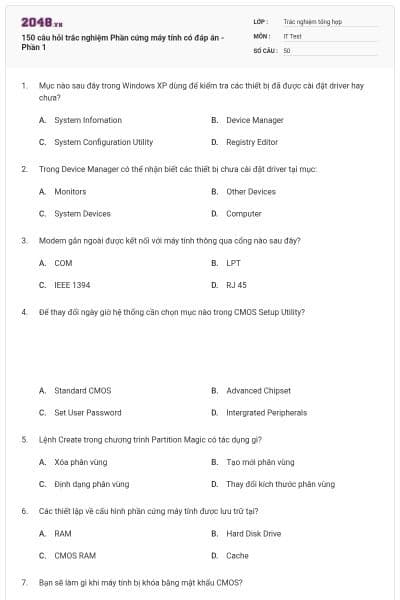 150 câu hỏi trắc nghiệm Phần cứng máy tính có đáp án - Phần 1