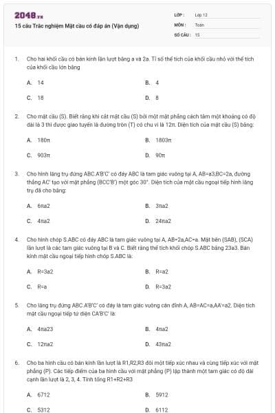 15 câu Trắc nghiệm Mặt cầu có đáp án (Vận dụng)