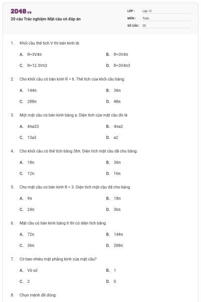 20 câu Trắc nghiệm Mặt cầu có đáp án