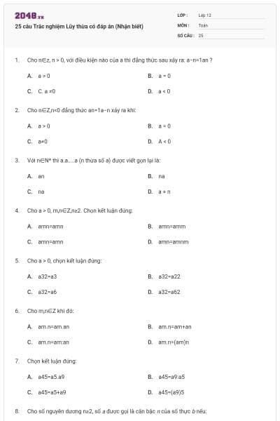 25 câu  Trắc nghiệm Lũy thừa có đáp án (Nhận biết)