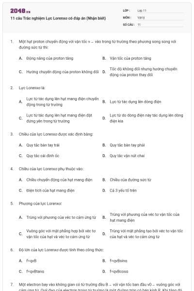 11 câu Trắc nghiệm Lực Lorenxơ có đáp án (Nhận biết)