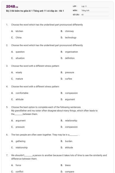 Bộ 2 Đề kiểm tra giữa kì 1 Tiếng anh 11 có đáp án - Đề 1