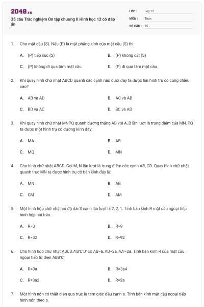 35 câu Trắc nghiệm Ôn tập chương II Hình học 12 có đáp án