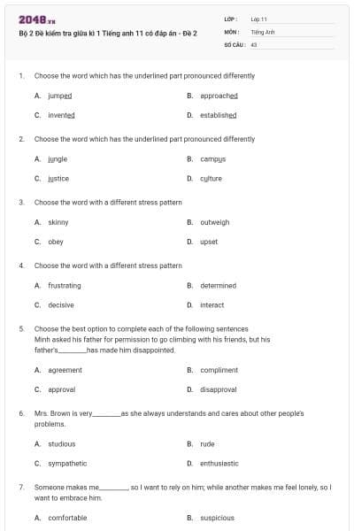 Bộ 2 Đề kiểm tra giữa kì 1 Tiếng anh 11 có đáp án - Đề 2
