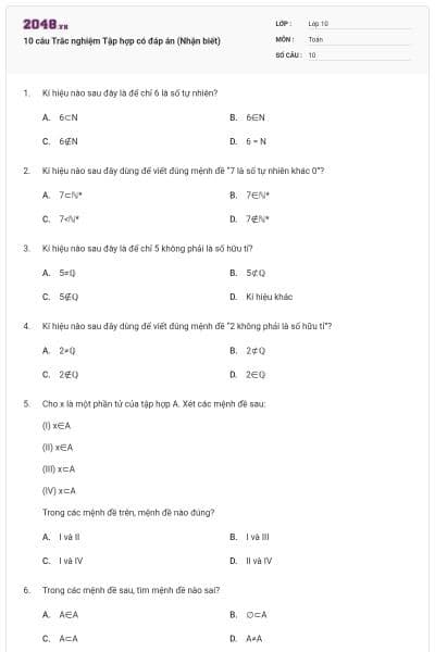 10 câu Trắc nghiệm Tập hợp có đáp án (Nhận biết)