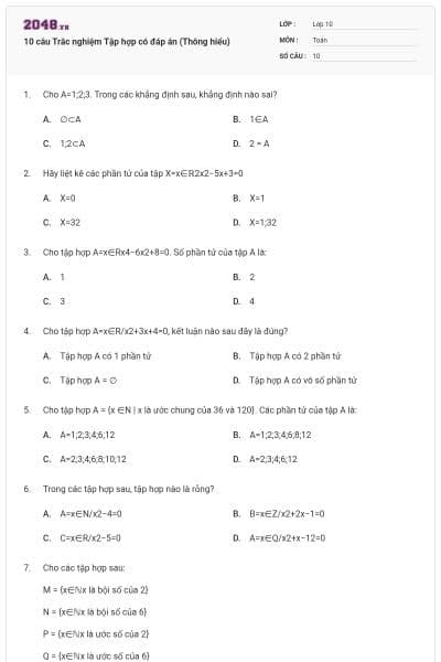 10 câu Trắc nghiệm Tập hợp có đáp án (Thông hiểu)